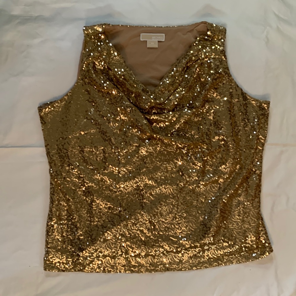 Michael Michael Kors Gold Sequin Sleeveless Cowl Neck Top, Fully Lined